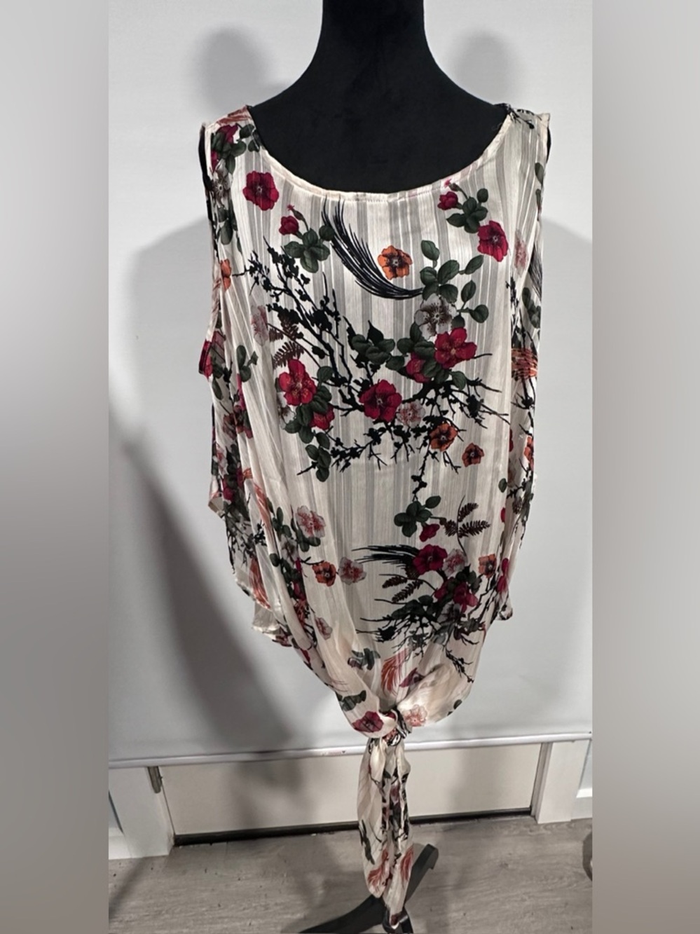 Floral Tie-Front Sheer Blouse - Cream with Red & Green Floral Print